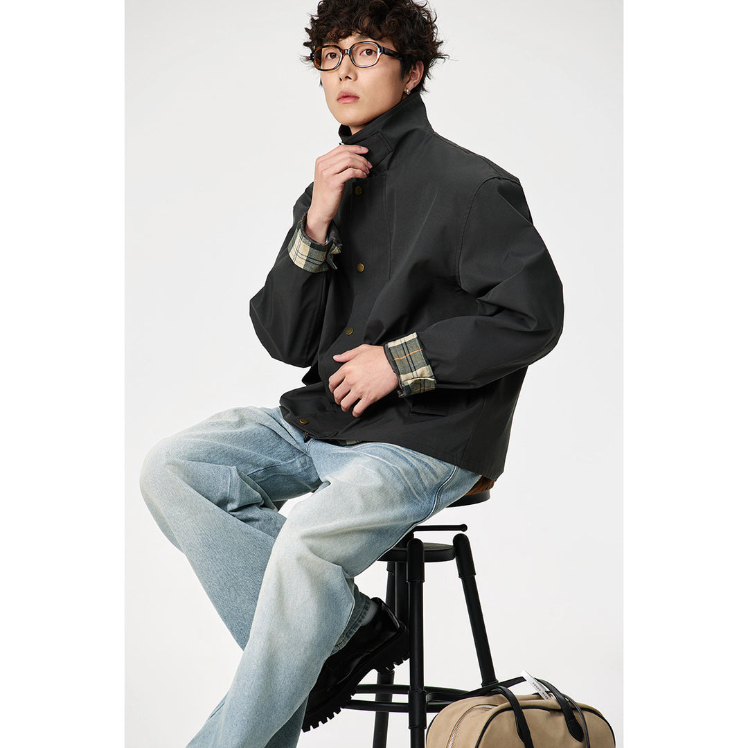 Herren Kurz geschnittene Canvas‑Fieldjacke mit Cordkragen und verdeckter Druckknopfleiste Echoarchiv