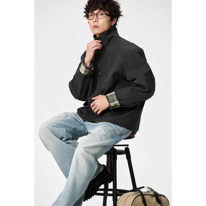 Herren Kurz geschnittene Canvas‑Fieldjacke mit Cordkragen und verdeckter Druckknopfleiste Echoarchiv