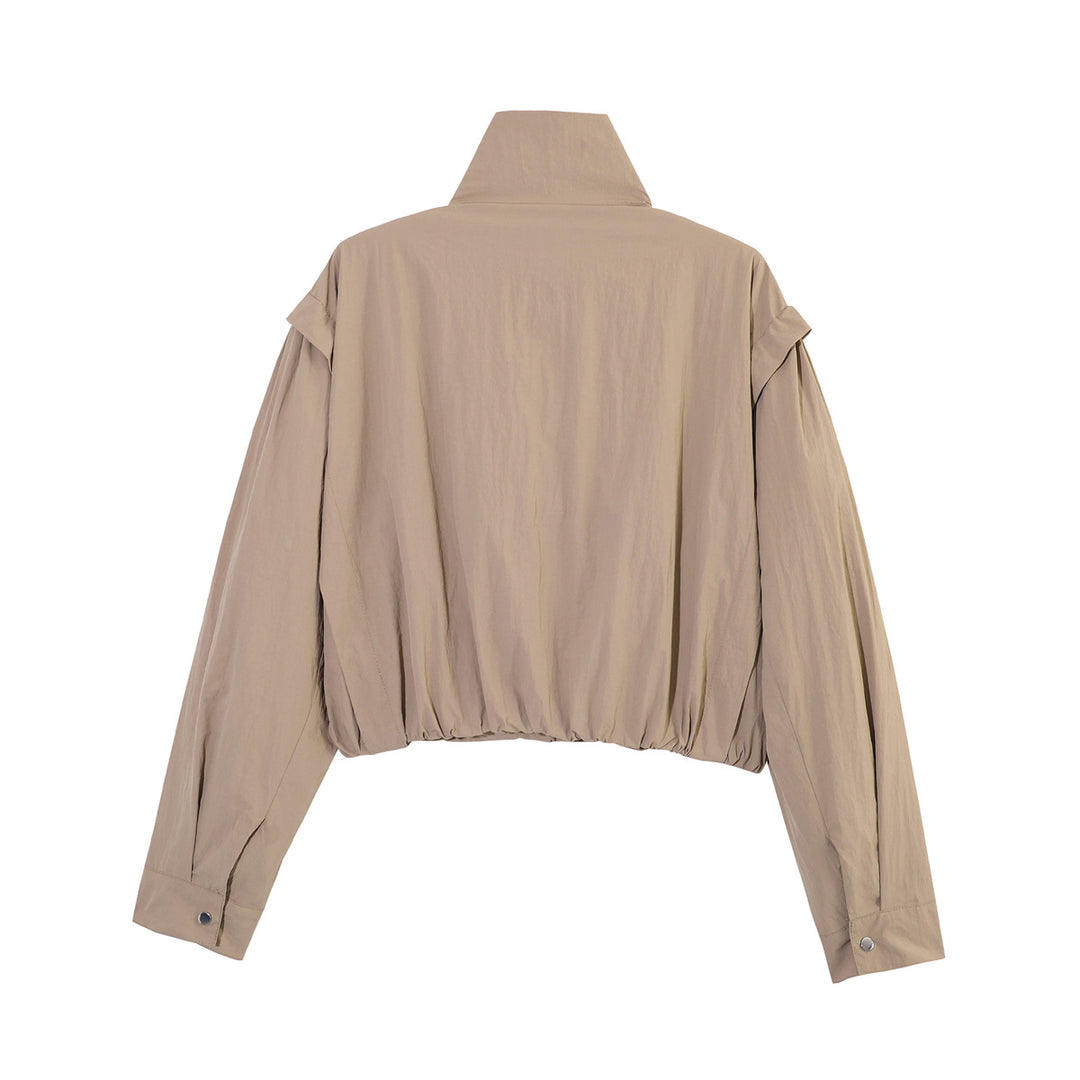Damen Kurze Cropped-Übergangsjacke mit Stehkragen, geraffter Schulterpasse und Ballonärmeln Echoarchiv