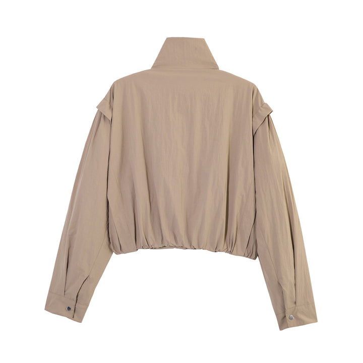 Damen Kurze Cropped-Übergangsjacke mit Stehkragen, geraffter Schulterpasse und Ballonärmeln Echoarchiv