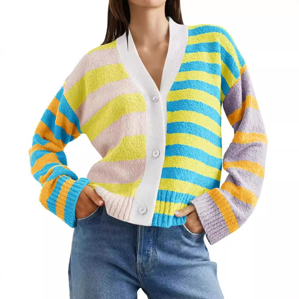 Damen lockerer gestreifter Frottee-Cardigan mit V-Ausschnitt und Knopfleiste – Veloura