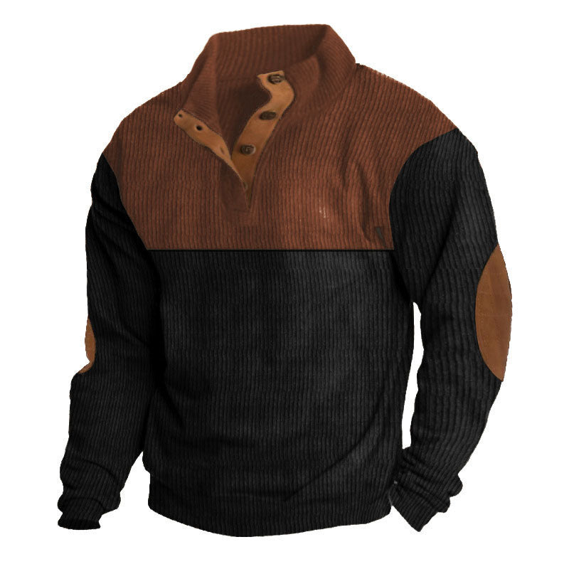 Herren nan grober Rippstrick-Pullover mit Stehkragen, Knopfleiste und markanten Ellenbogenpatches Echo Archiv