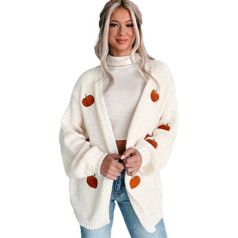 Damen Kuscheliger Oversize-Strickcardigan mit Kürbis‑Stickerei Echoarchiv