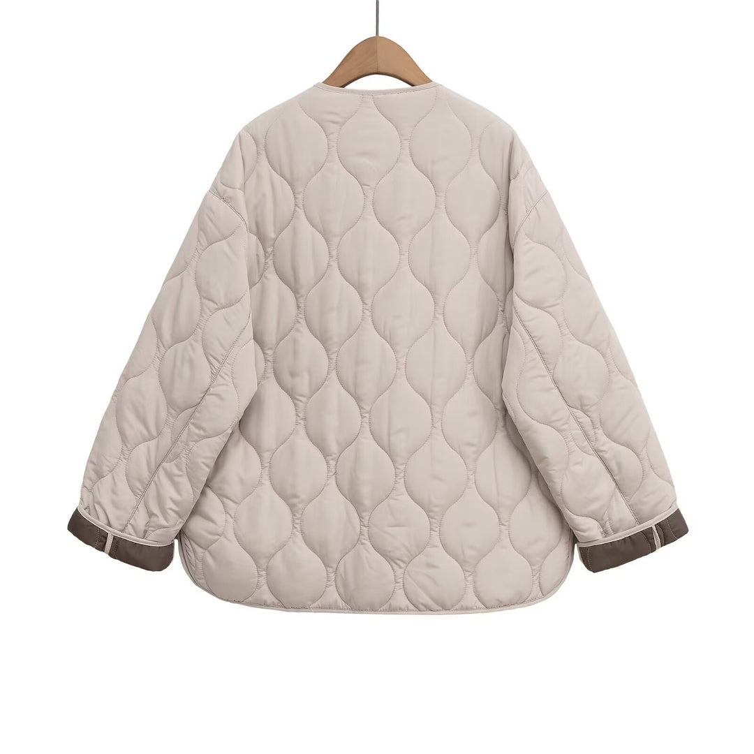 Damen gesteppte Oversize‑Steppjacke mit Rundhals, durchgehendem Reißverschluss und aufgesetzten Taschen – Célinea