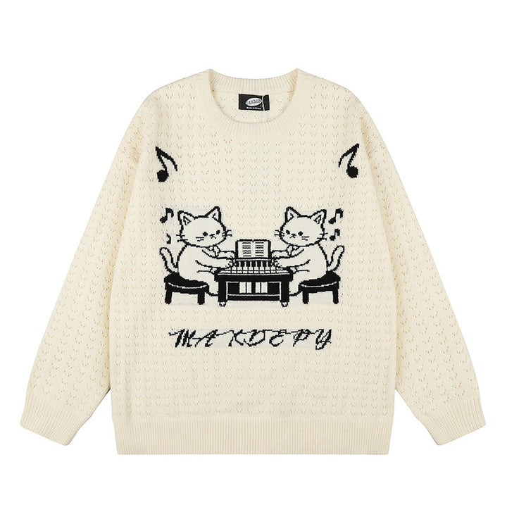 Damen Oversize Strickpullover mit Jacquard-Katzenmotiv und musikalischem Design Echoarchiv