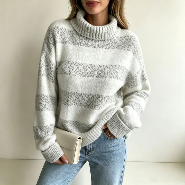 Damen Rollkragenpullover mit breiten Streifen und strukturiertem Bouclé-Strick – Mavelle