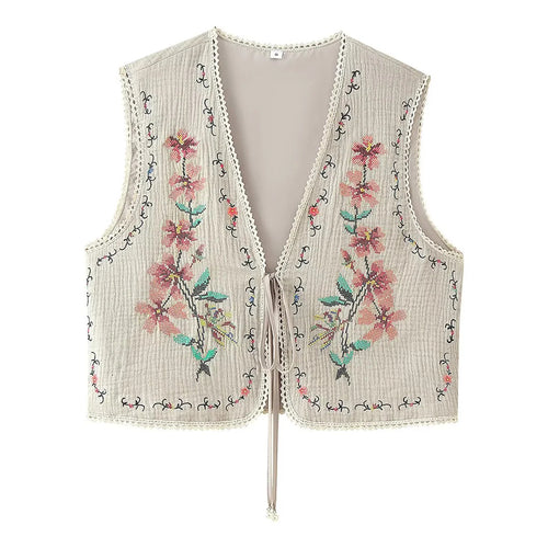 Damen nan bestickte Boho-Weste mit V-Ausschnitt, Front-Schnürung und zarter Spitzenborte Echo Archiv