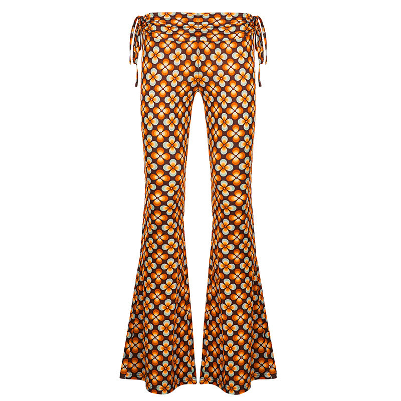 Damen nan ausgestellte Schlaghose mit hoher Taille, seitlichen Kordelzügen und retro Blumenprint Echo Archiv