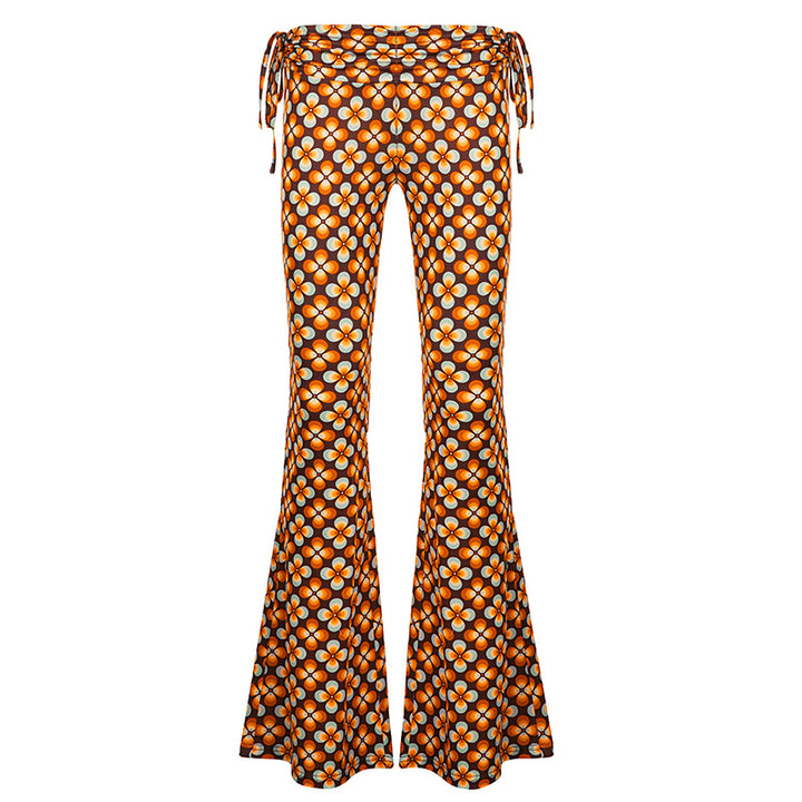 Damen nan ausgestellte Schlaghose mit hoher Taille, seitlichen Kordelzügen und retro Blumenprint Echo Archiv