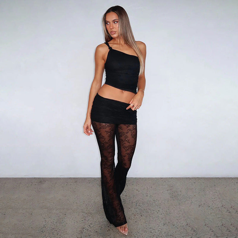 Damen asymmetrisches Oberteil mit elegantem Spitzen-Details und figurbetonten Leggings Echo Archiv