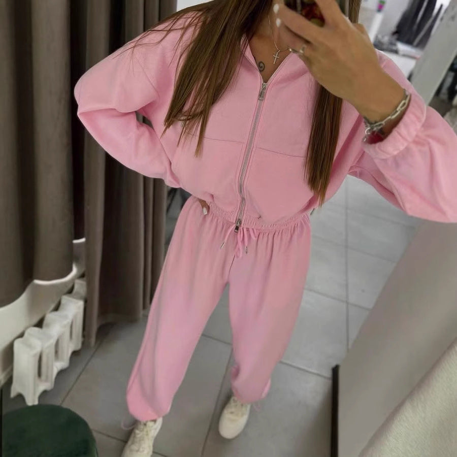 Damen kurzes Reißverschluss-Hoodie mit elastischem Bund und High-Waist Jogginghose aus Baumwollmix – Auréline
