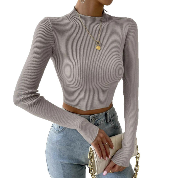 Damen Gerippter Cropped Feinstrickpullover mit Stehkragen – Mavelle