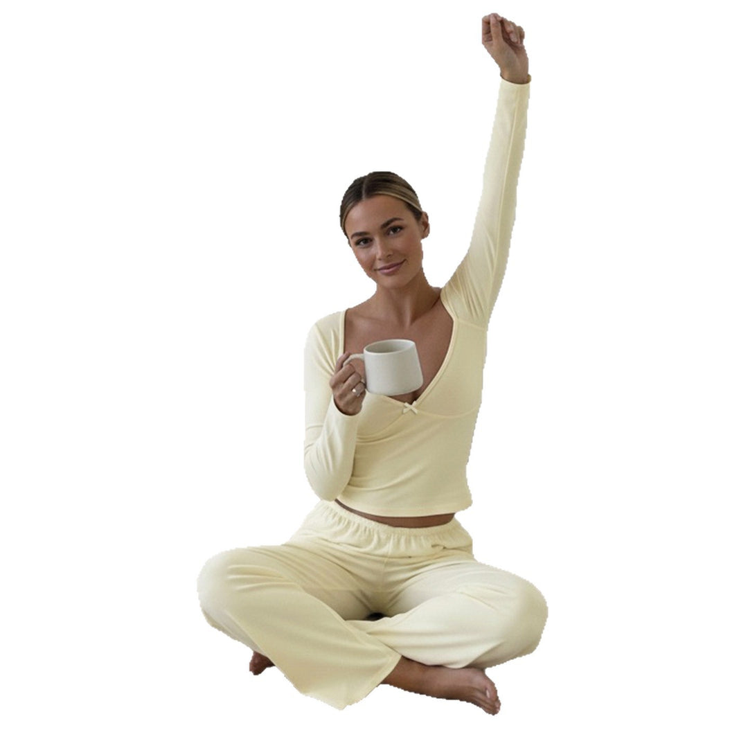 Damen Zweiteiliges Lounge-Set aus weichem Jersey mit Cropped V-Ausschnitt Oberteil und hochtaillierter Palazzohose – Élanora