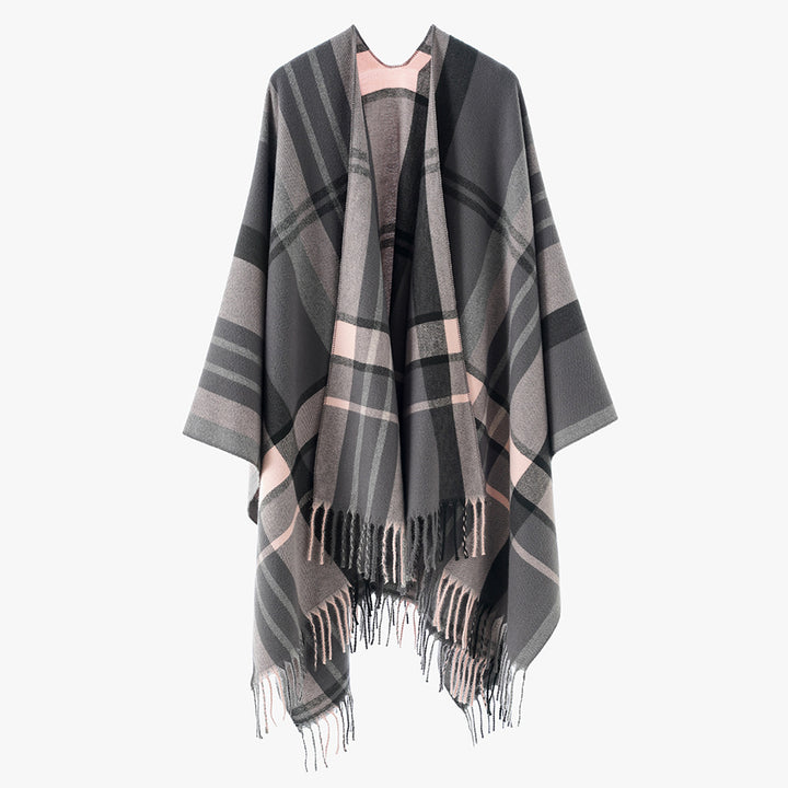 Damen Oversize Karierter Fransen-Poncho aus weichem Strick – Avérine