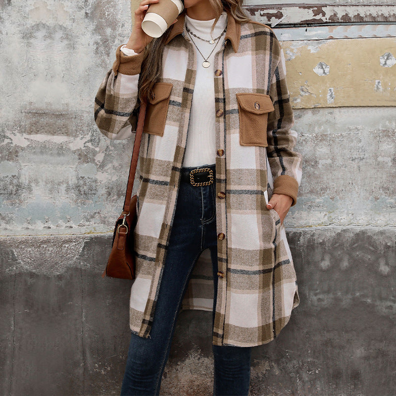 Damen Lange Überwurfjacke im karierten Flanell‑Look mit aufgesetzten Pattentaschen Echoarchiv