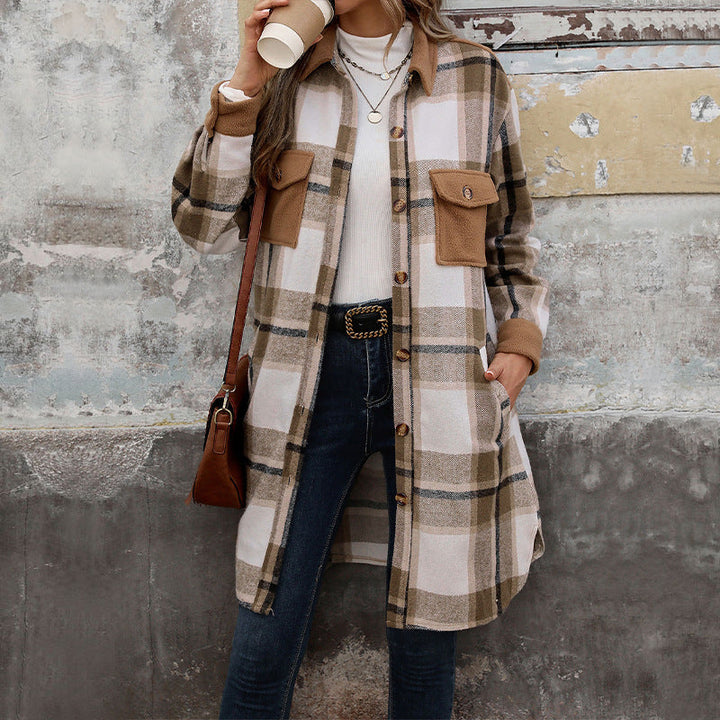 Damen Lange Überwurfjacke im karierten Flanell‑Look mit aufgesetzten Pattentaschen Echoarchiv
