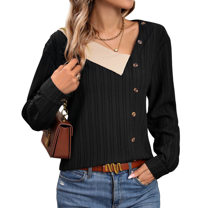 Damen Rippstrick-Top mit asymmetrischer Knopfleiste und kontrastierendem V‑Einsatz Echoarchiv