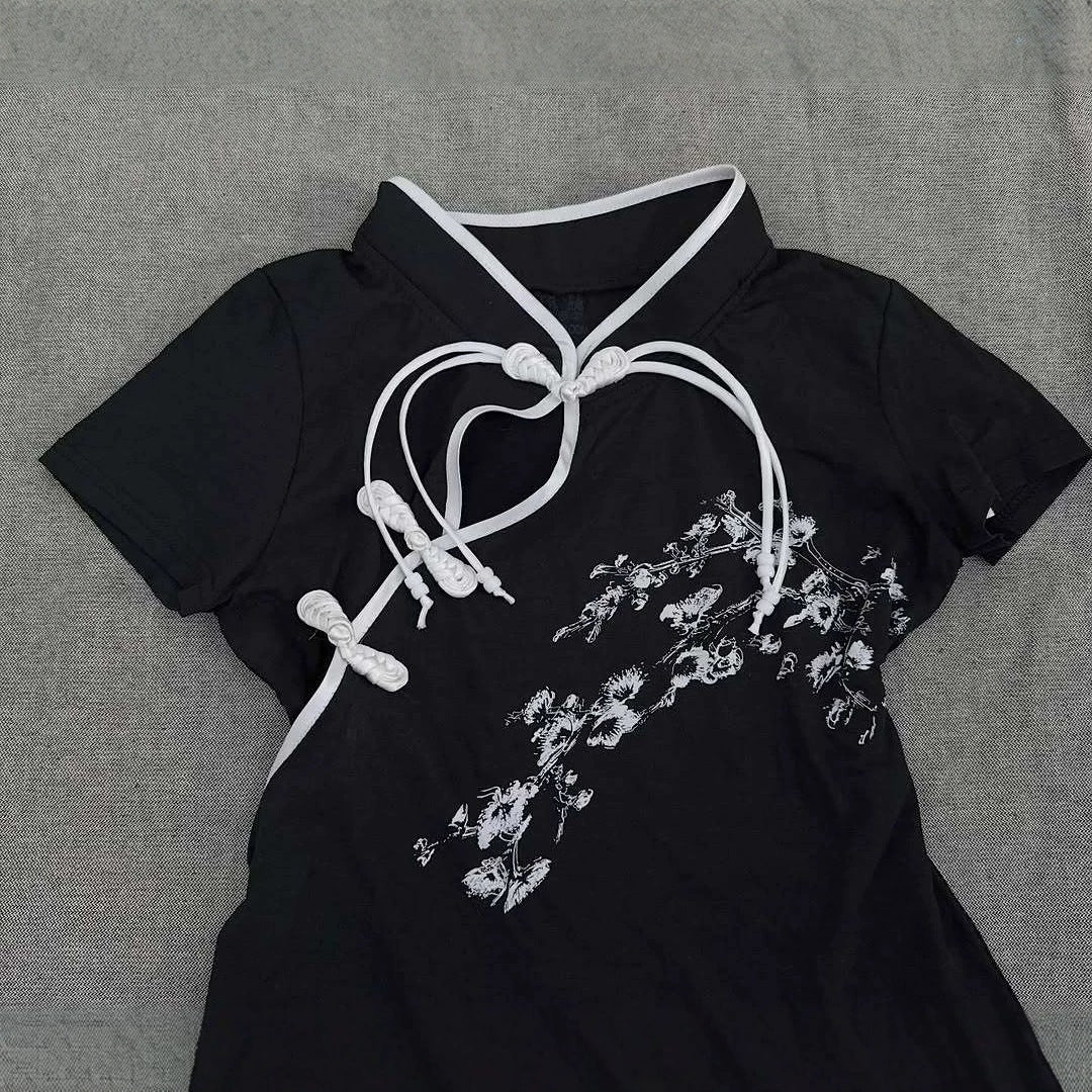 Damen Modernes Chinesisches Kurzarm-T-Shirt mit kreativem Knotendesign Echo Archiv