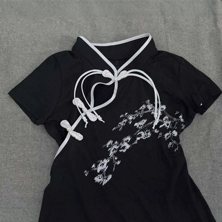 Damen Modernes Chinesisches Kurzarm-T-Shirt mit kreativem Knotendesign Echo Archiv