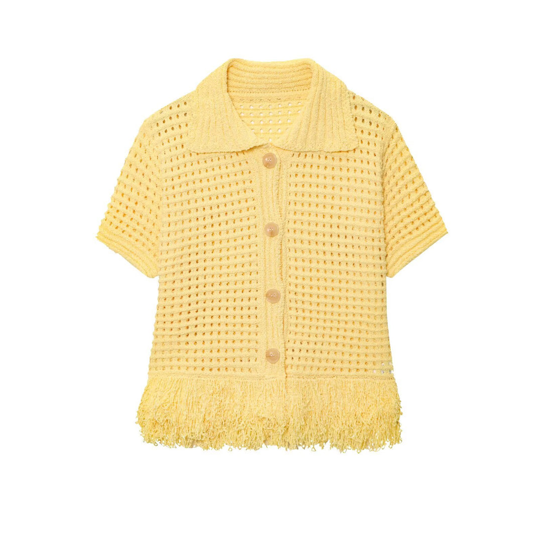 Damen Kurzarm-Strickjacke mit fransigem Saum und dekorativen Knöpfen Echo Archiv