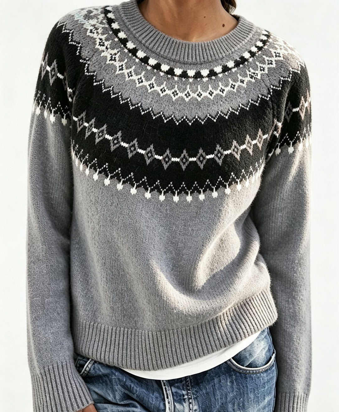 Damen Rundhalsausschnitt Norweger-Pullover mit Fair-Isle-Jacquard – Mavelle