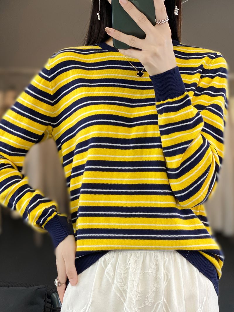 Damen Lässiger Ringel-Feinstrickpullover mit Boxy‑Silhouette und kontrastierenden Rippbündchen Echoarchiv