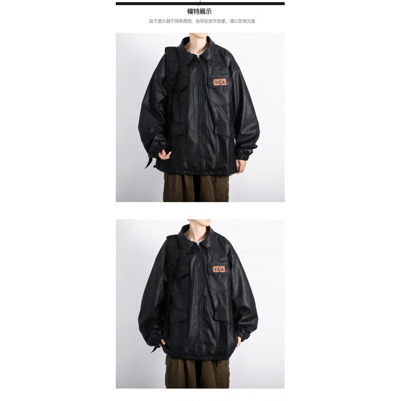 Unisex Oversized Utility Lederimitat Jacke mit Mehreren Klappentaschen Echoarchiv