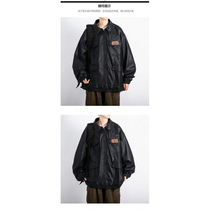 Unisex Oversized Utility Lederimitat Jacke mit Mehreren Klappentaschen Echoarchiv