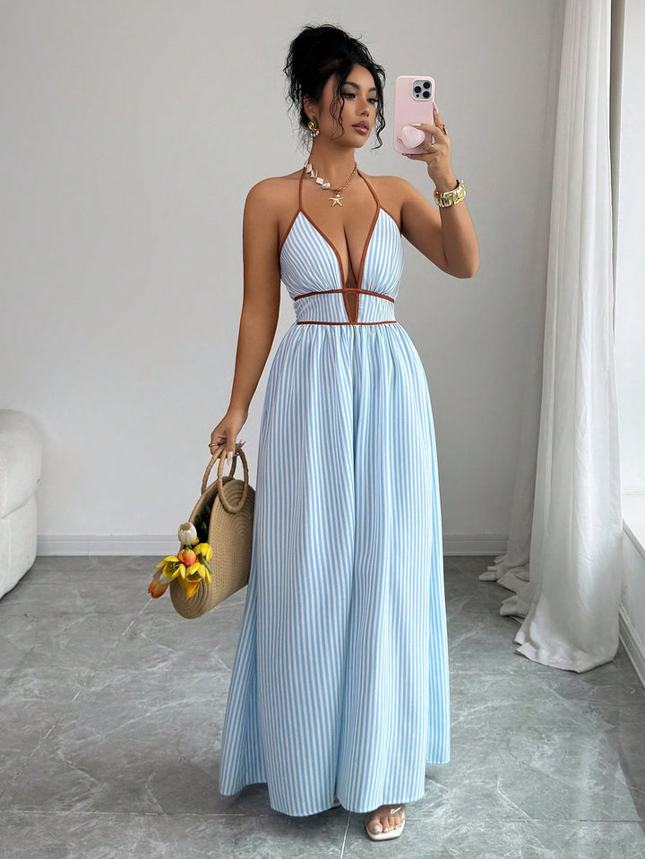 Damen Gestreiftes Neckholder-Maxikleid mit tiefem V-Ausschnitt und Taillen-Cut-Out – Valéora