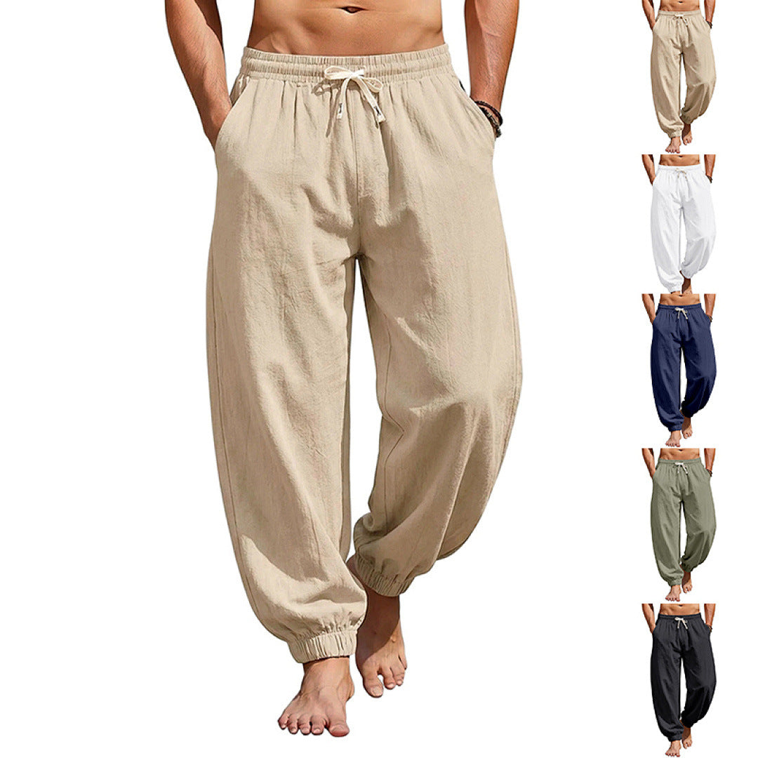 Herren Weite Leinenoptik-Strandhose mit Kordelzug, elastischem Bund und gerafften Beinabschlüssen – Sorevano