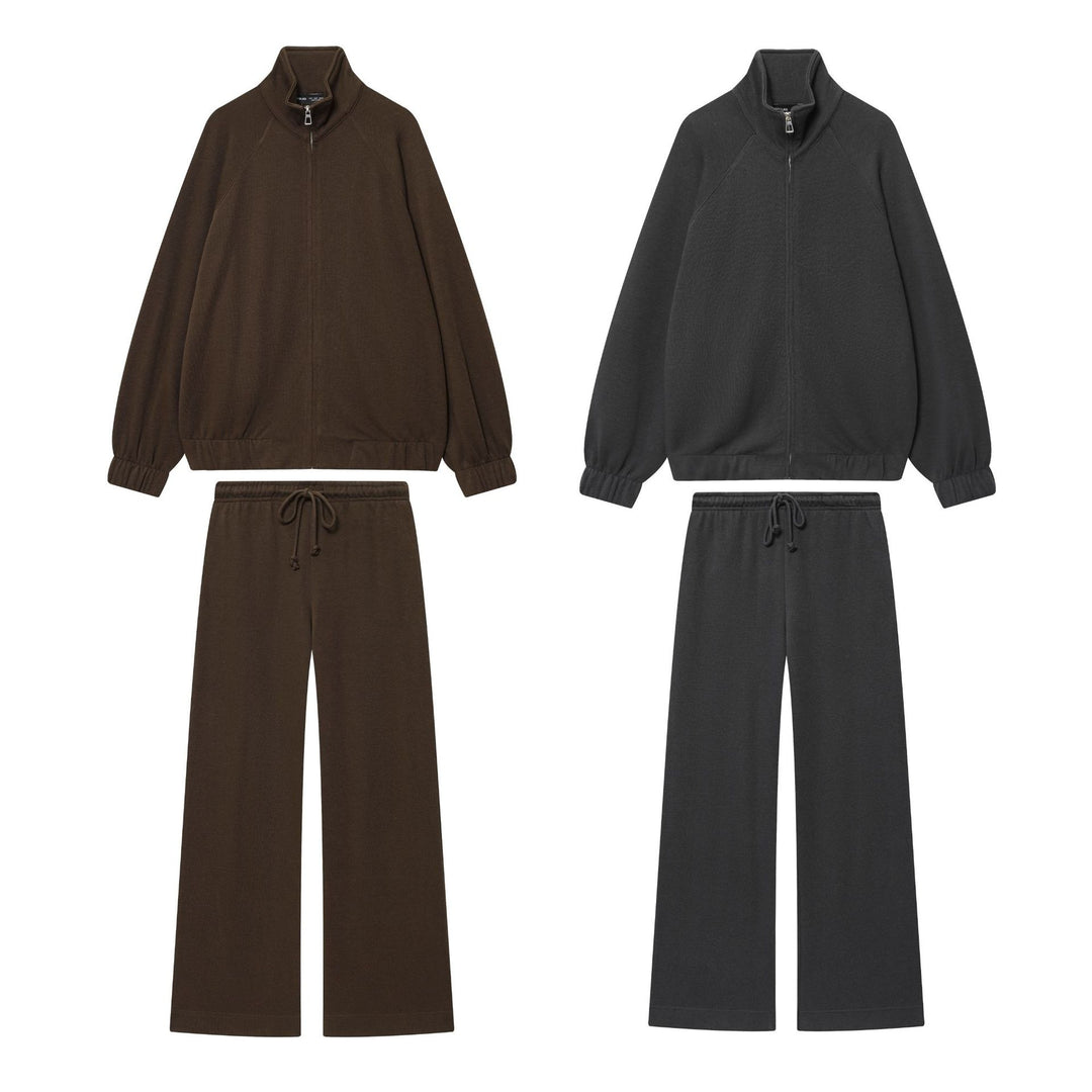 Damen loungiges Sweatsuit-Zweiteiler mit Reißverschluss-Stehkragen, elastischem Saum und weitem Highwaist-Hosenbein – Avélisse