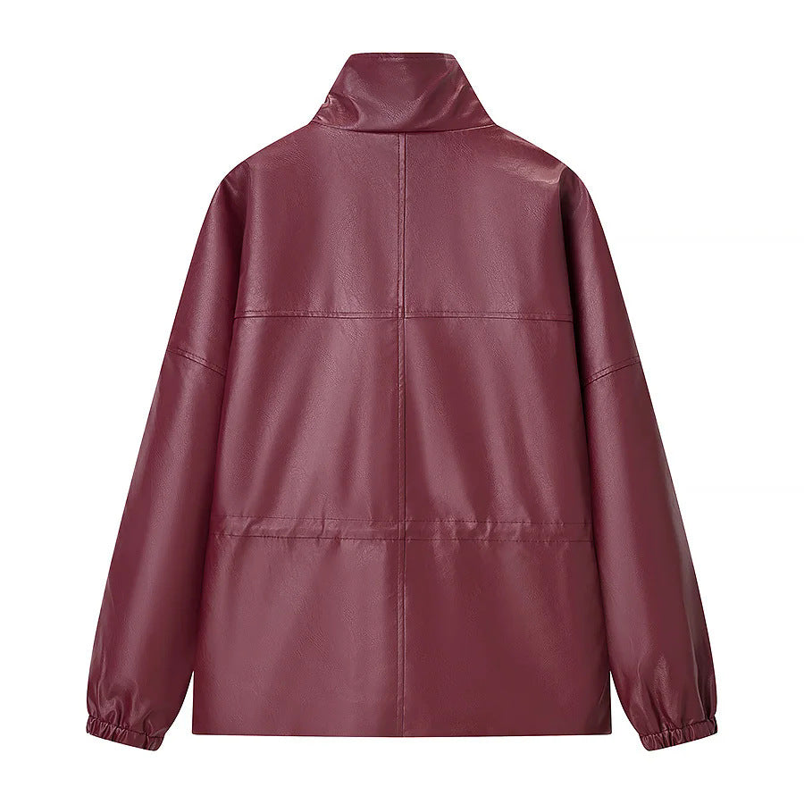 Damen lässige Kunstleder-Utilityjacke mit Stehkragen, aufgesetzten Pattentaschen und elastischen Bündchen – Célinea