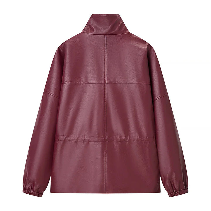 Damen lässige Kunstleder-Utilityjacke mit Stehkragen, aufgesetzten Pattentaschen und elastischen Bündchen – Célinea