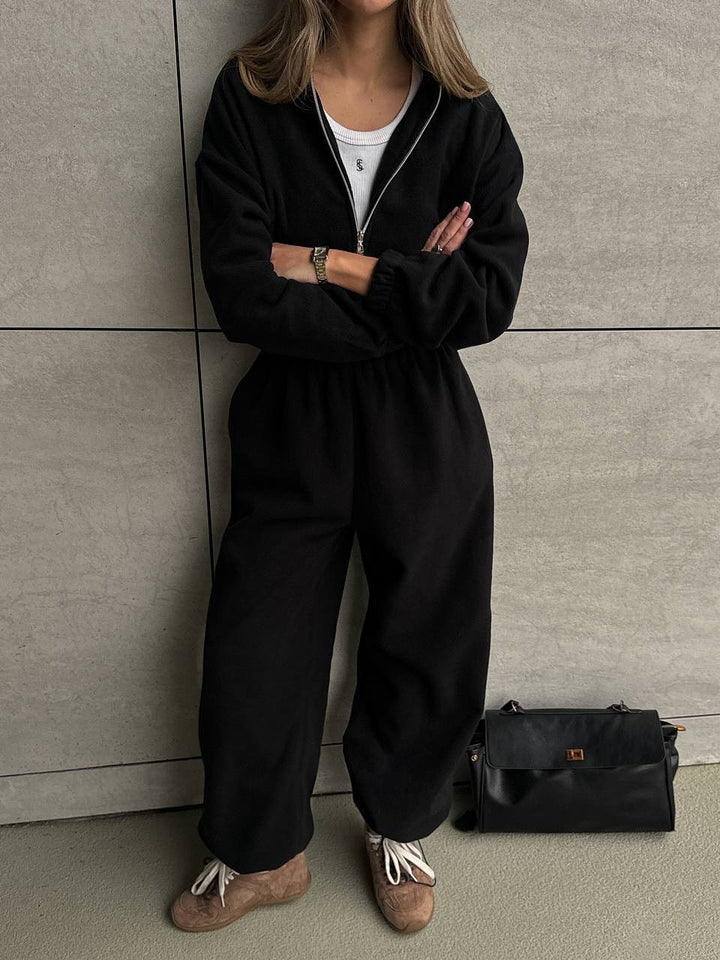 Damen Lässiger Fleece-Hausanzug mit Zip-Kapuze und elastischem Taillenbund – Avérine