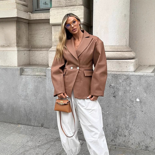 Damen Boxy-Blazer mit taillierter Drapierung und strukturierter Lederimitat-Optik Echoarchiv