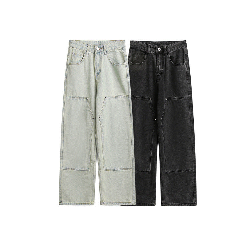 Damen Weite Utility-Denimhose mit Knie‑Patch, hohem Bund und geradem Bein Echo Archiv