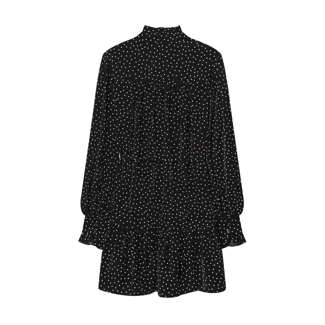 Damen gepunktetes Midikleid mit Rüschenblende, Taillenzug und stufigem Volantrock – Élara