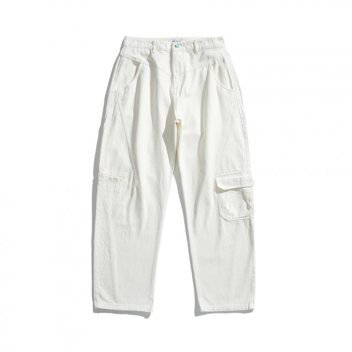 Unisex Weite Utility-Cargo-Hose aus robustem Baumwoll-Denim mit hoher Taille und Klappentaschen Echo Archiv