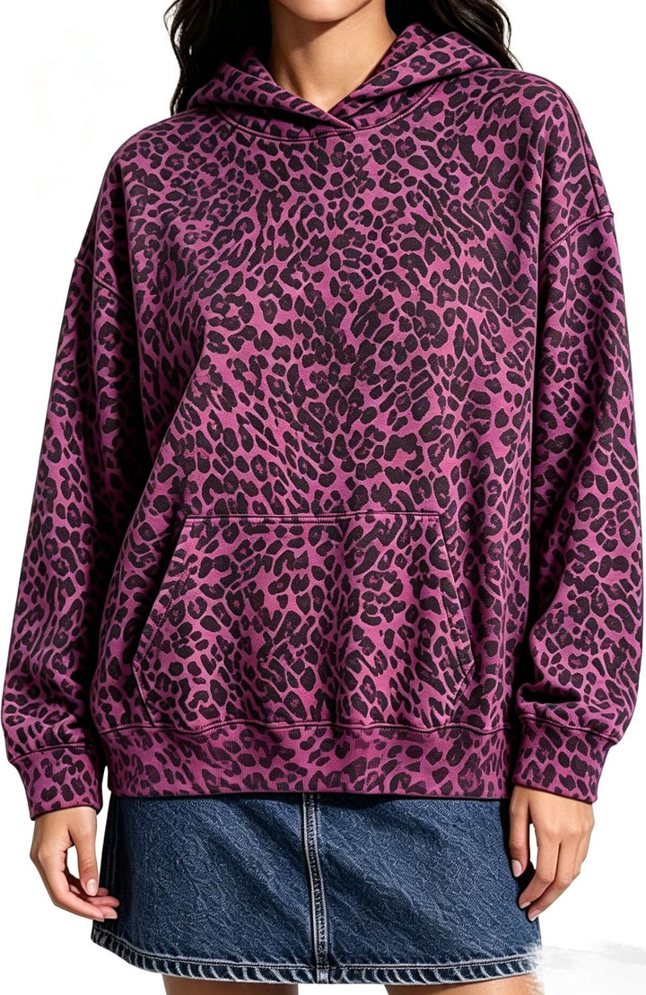 Damen Oversize-Kapuzenpullover mit Leomuster, Kängurutasche und überschnittener Schulter Echo Archiv