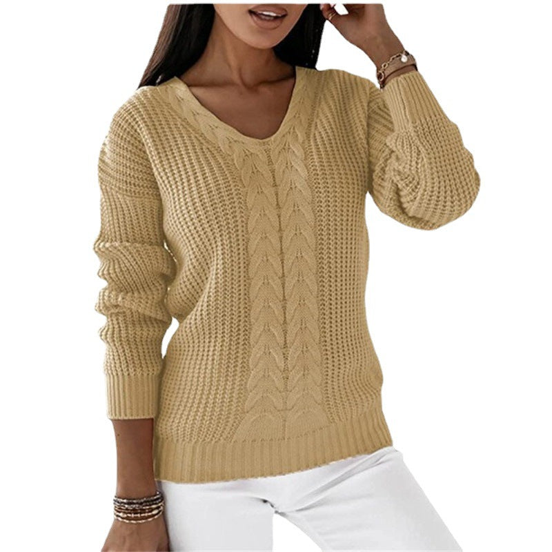 Damen nan grob gestrickter V-Ausschnitt Pullover mit Zopfmuster und lockerer Silhouette Echo Archiv