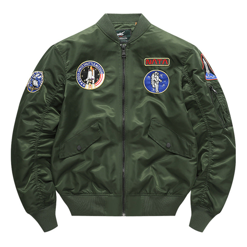 Men's retro space-mission nylon flight jacket with insulated lining and sleeve zipper pocket – Brevano