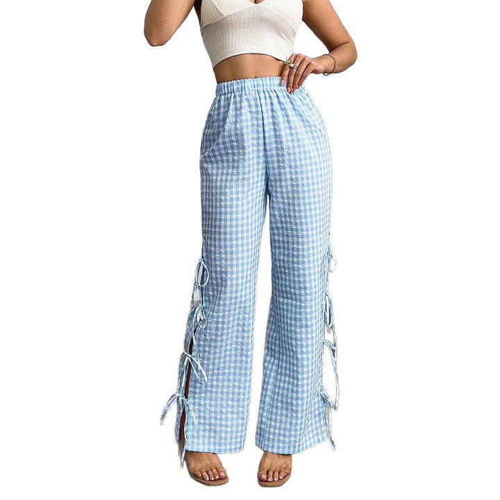 Damen High‑Waist Leinenoptik-Hose mit Gingham-Karo, weitem Bein & seitlichen Bändchen-Details Echoarchiv
