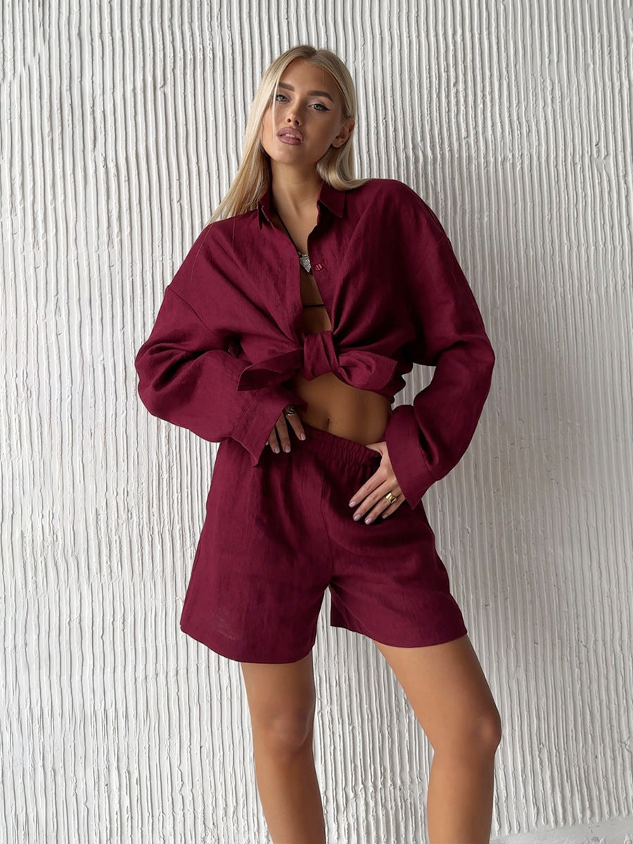 Damen lässige Leinenbluse und Shorts Set Echoarchiv