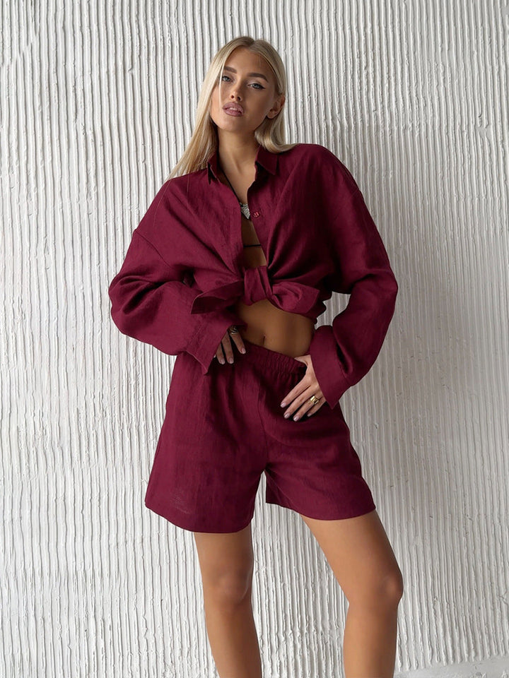 Damen lässige Leinenbluse und Shorts Set Echoarchiv