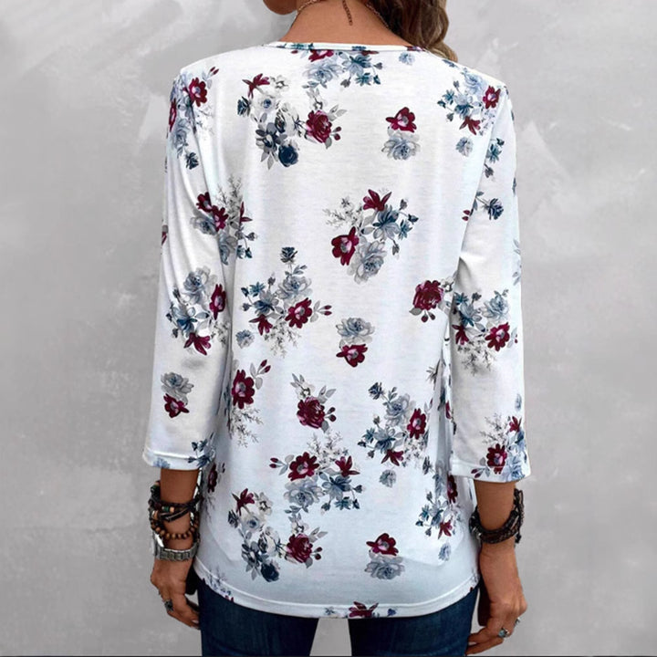 Damen nan florale Tunika-Bluse mit Kellerfalten und Zierknopfleiste Echo Archiv