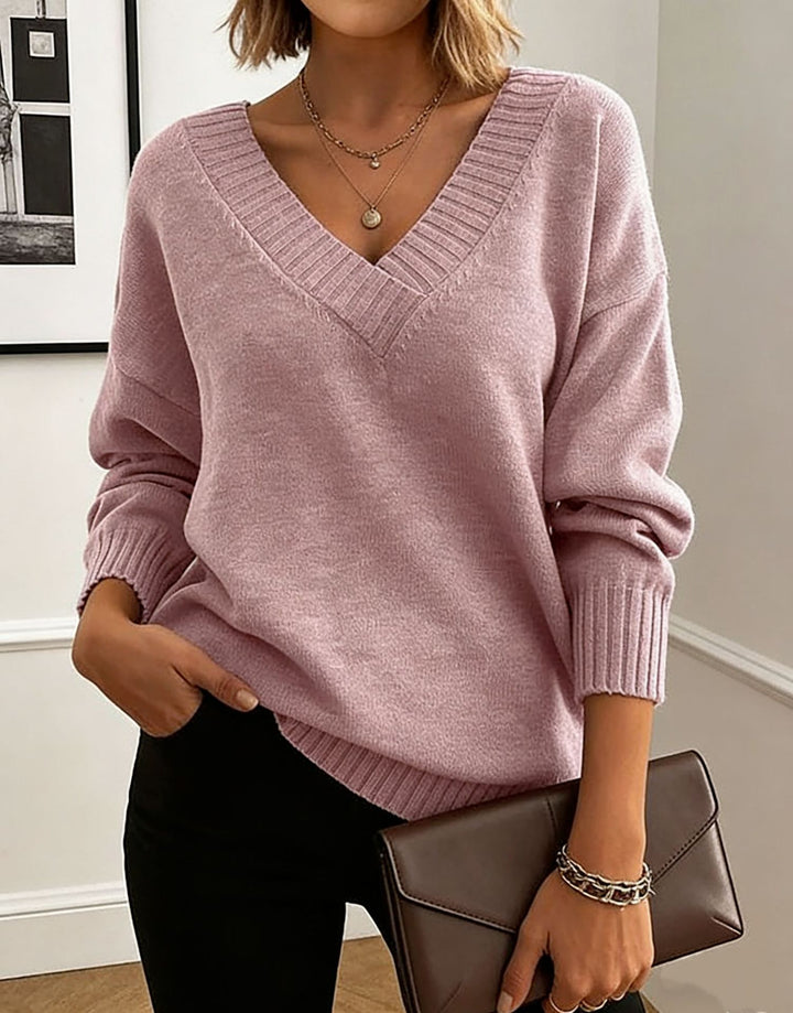 Damen Feinstrickpullover mit tiefem V-Ausschnitt und überschnittener Schulter – Mavelle