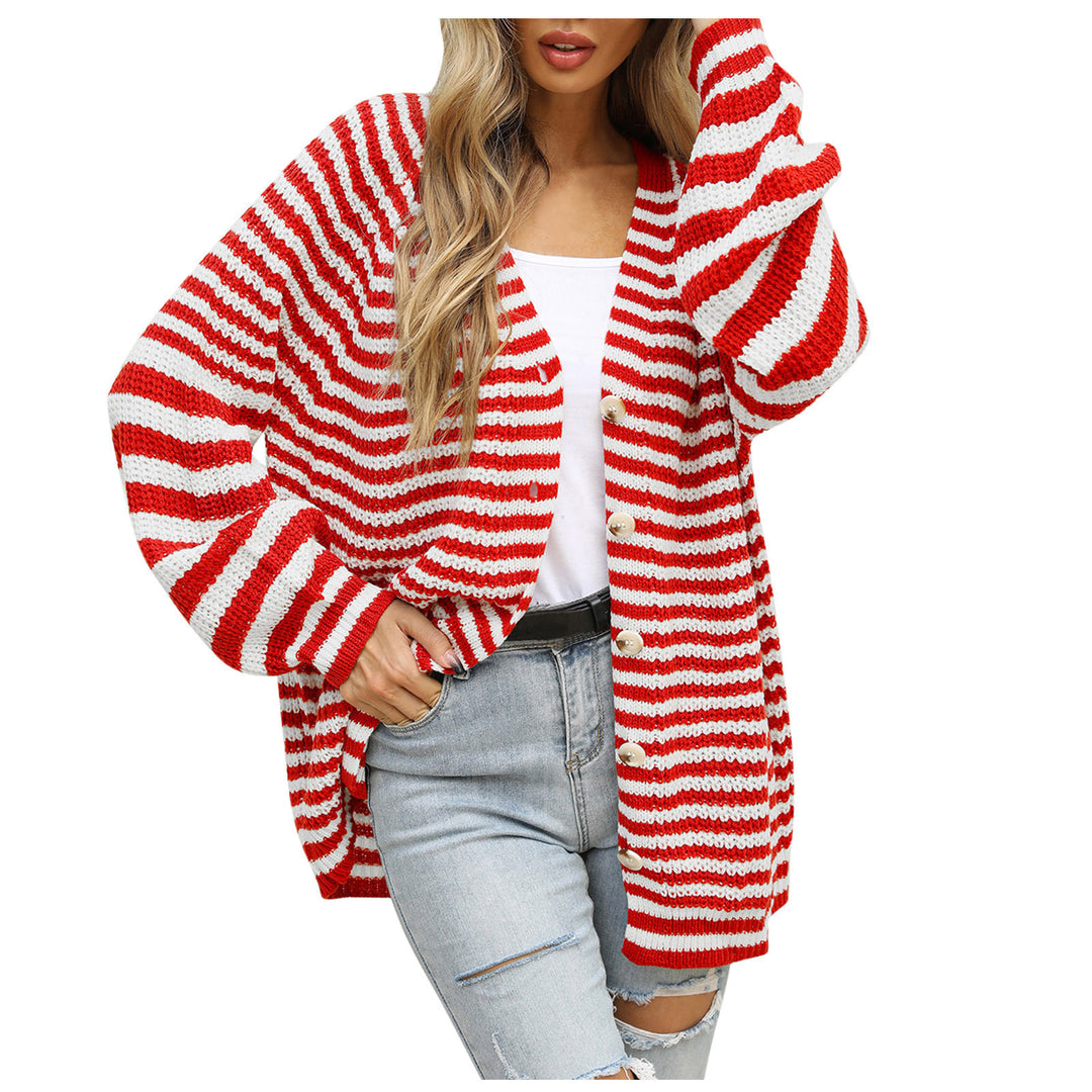Damen gestreifte oversized Strickjacke mit V-Ausschnitt und Knopfleiste Echo Archiv