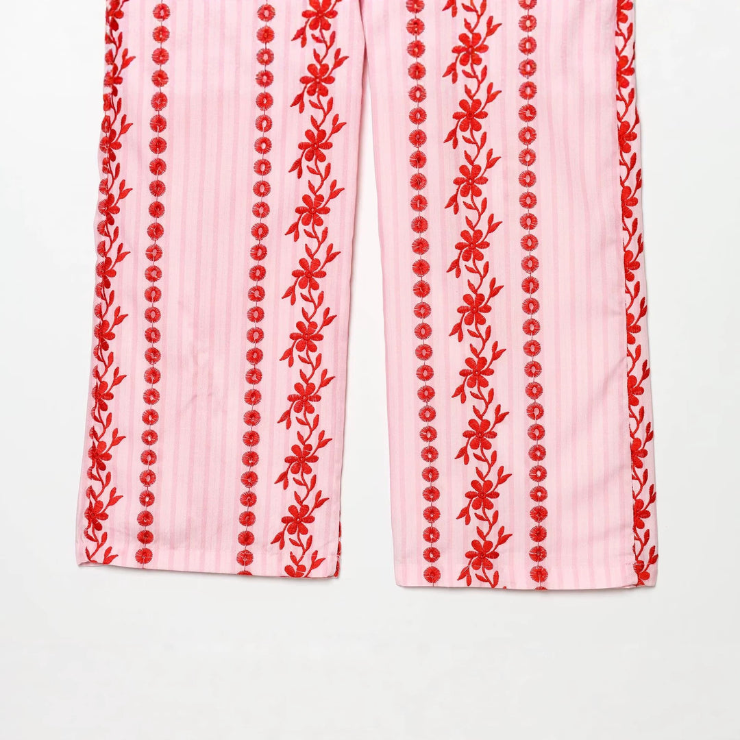 Damen Hochtaillierte Palazzo-Hose mit floraler Stickerei Echo Archiv