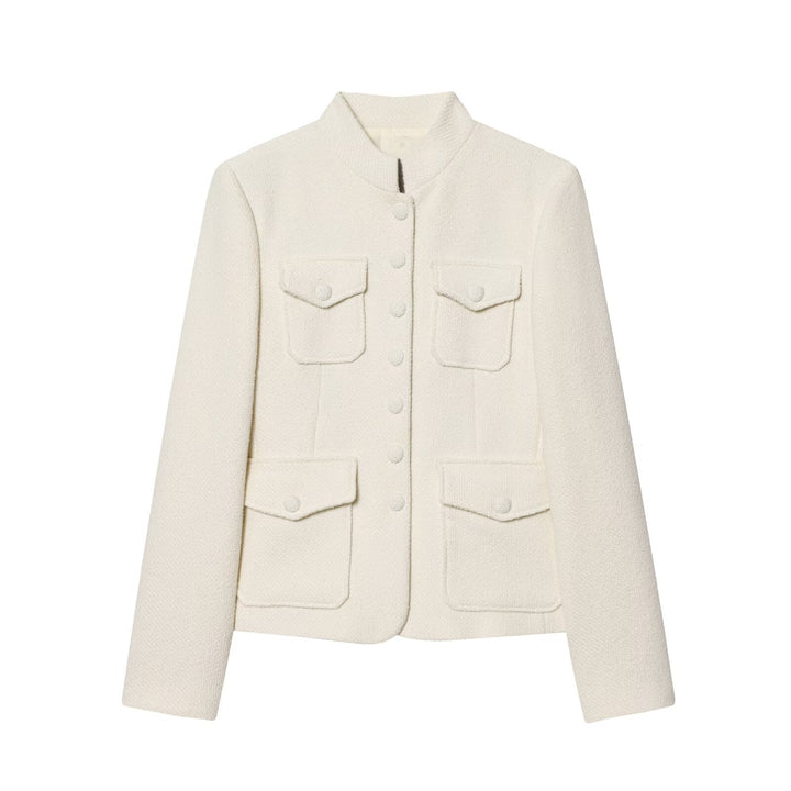 Damen Bouclé-Cropped-Jacke mit Stehkragen, bezogenen Knöpfen und aufgesetzten Pattentaschen Echoarchiv