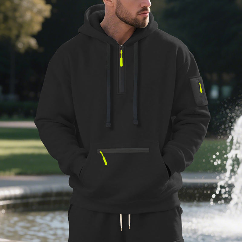 Herren Oversize-Kapuzenpullover mit halbem Reißverschluss, Kängurutasche mit Reißverschluss und Ärmel-Pocket Echoarchiv